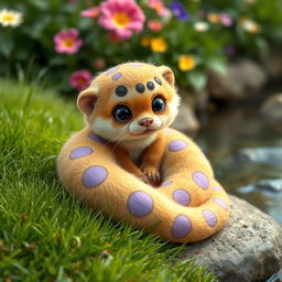 A cute and cuddly otter snake, featuring fluffy golden fur sprinkled with irregular lavender dots across its body