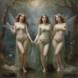 Depiction of three ethereal nymphs posing for a painting. Each one embodies a unique elegance, their mythical beauty accentuated by their natural surroundings, creating a scene that merges the world of human artistry and the enchanting realm of nymphs.