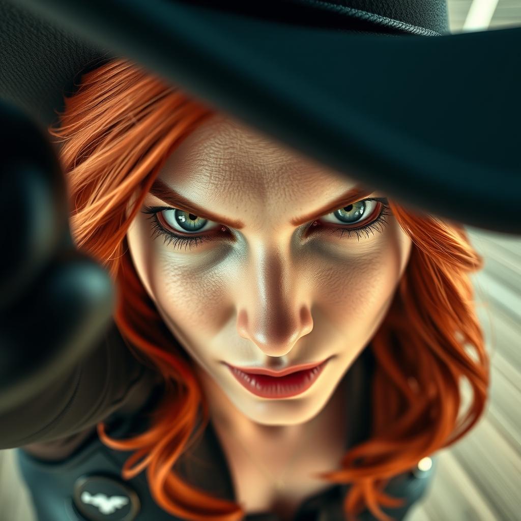 A close-up POV view of Black Widow's face in a dynamic cowgirl pose, with only her face visible, conveying a sense of motion