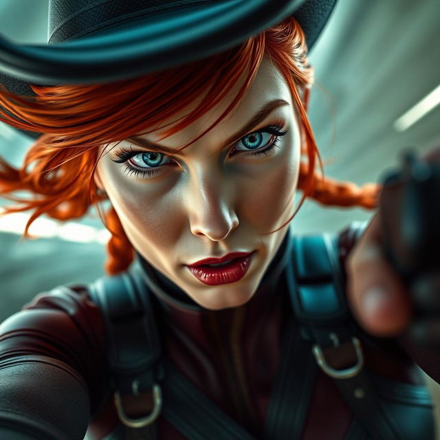 A close-up POV view of Black Widow's face in a dynamic cowgirl pose, with only her face visible, conveying a sense of motion