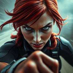 A close-up POV view of Black Widow's face in a dynamic cowgirl pose, with only her face visible, conveying a sense of motion