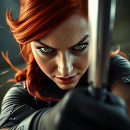 A close-up POV view of Black Widow's face in a dynamic cowgirl pose, with only her face visible, conveying a sense of motion