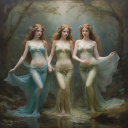 Depiction of three ethereal nymphs posing for a painting. Each one embodies a unique elegance, their mythical beauty accentuated by their natural surroundings, creating a scene that merges the world of human artistry and the enchanting realm of nymphs.