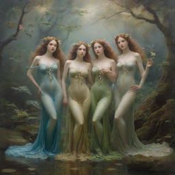 Depiction of three ethereal nymphs posing for a painting. Each one embodies a unique elegance, their mythical beauty accentuated by their natural surroundings, creating a scene that merges the world of human artistry and the enchanting realm of nymphs.