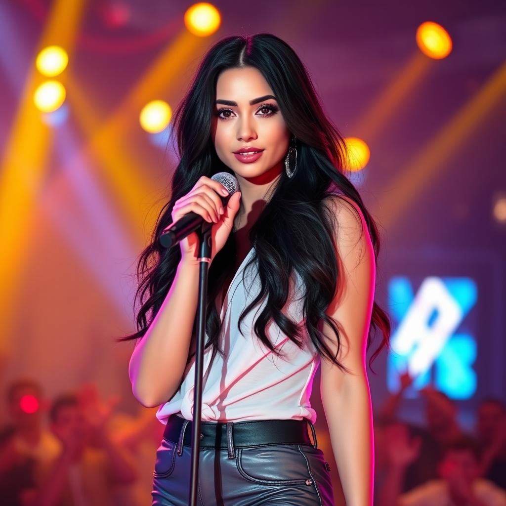 A beautiful pop singer with long black hair, standing on a bright stage with colorful lights and a captivating expression