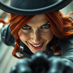 A close-up POV view of Black Widow's face in a striking cowgirl position, capturing only her face, which exudes a hot and alluring expression