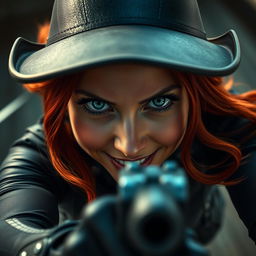 A close-up POV view of Black Widow's face in a striking cowgirl position, capturing only her face, which exudes a hot and alluring expression