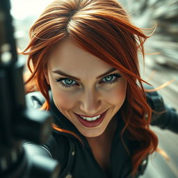 A close-up POV view of Black Widow's face in a striking cowgirl position, capturing only her face, which exudes a hot and alluring expression