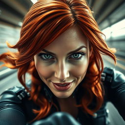 A close-up POV view of Black Widow's face in a striking cowgirl position, capturing only her face, which exudes a hot and alluring expression