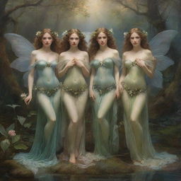 Depiction of three ethereal nymphs posing for a painting. Each one embodies a unique elegance, their mythical beauty accentuated by their natural surroundings, creating a scene that merges the world of human artistry and the enchanting realm of nymphs.