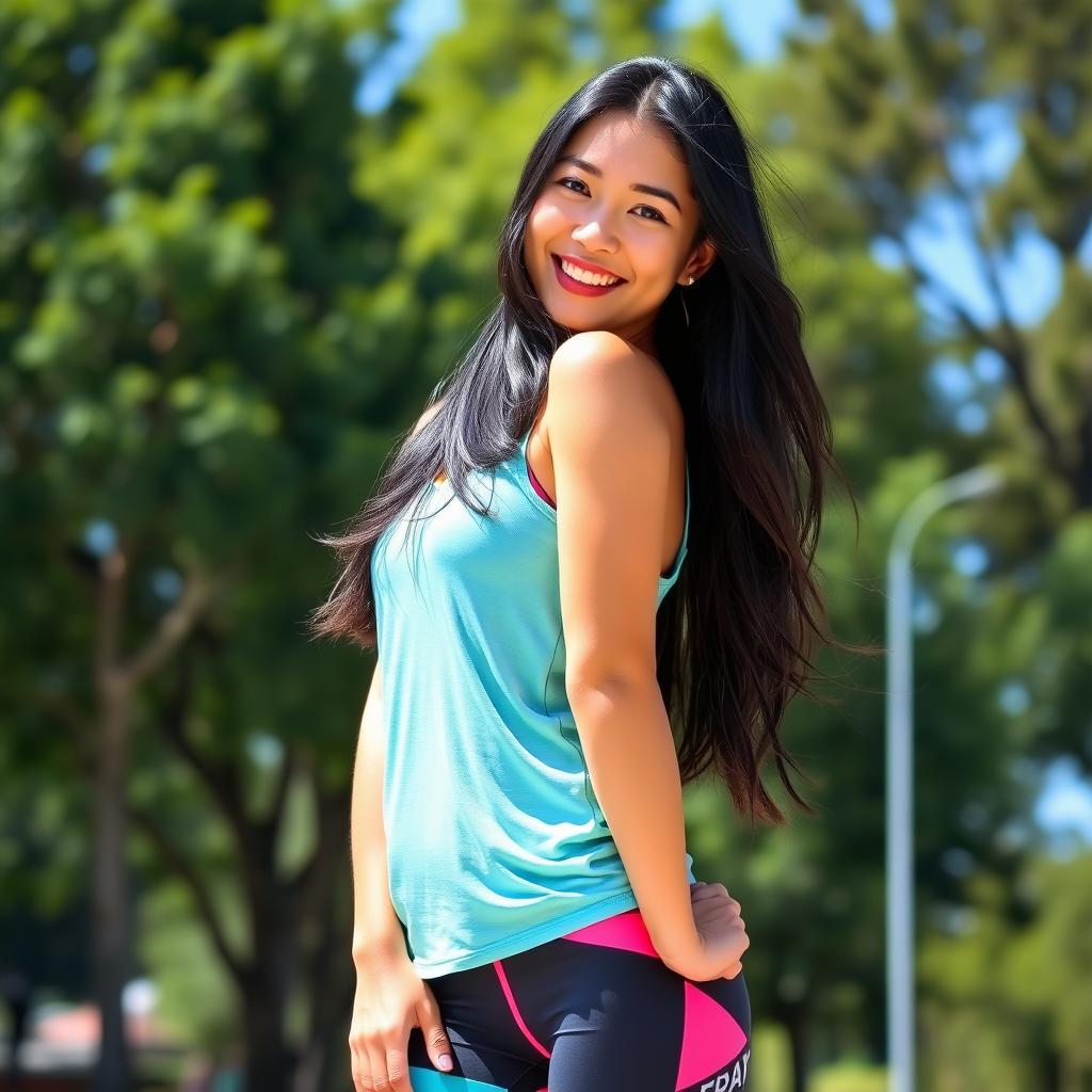 A young woman dressed in sporty attire, featuring long black hair flowing down her back