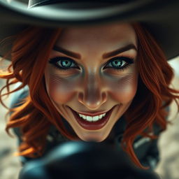 A close-up POV view of Black Widow's face in a cowgirl position, displaying a playful and alluring expression that conveys a sense of flirtation and energy