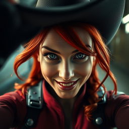 A close-up POV view of Black Widow's face in a cowgirl position, displaying a playful and alluring expression that conveys a sense of flirtation and energy