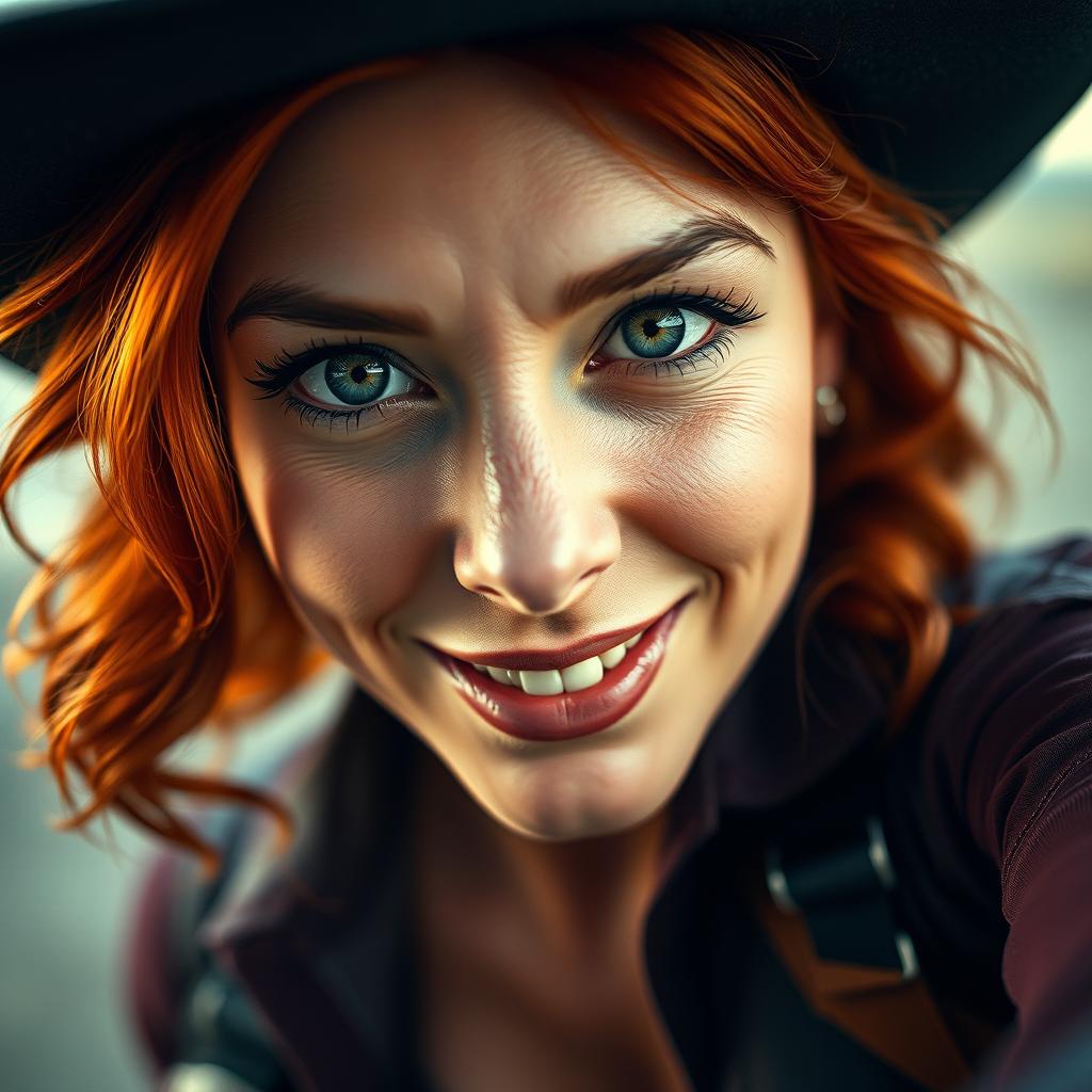 A close-up POV view of Black Widow's face in a cowgirl position, displaying a playful and alluring expression that conveys a sense of flirtation and energy