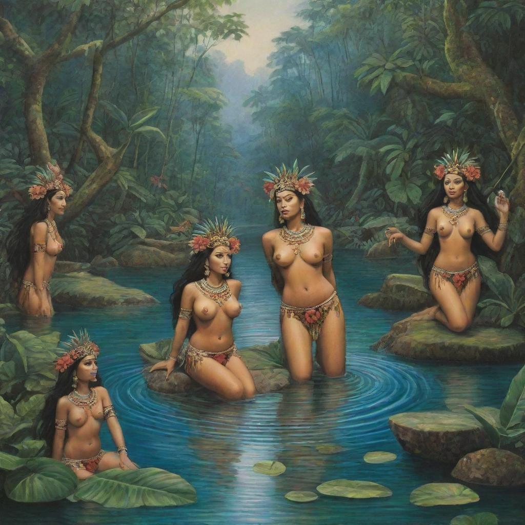 Create a tranquil scene depicting Mayan nymphs in a serene river amidst lush tropical vegetation. These mythical creatures interact with the vibrant nature around them, establishing an image embracing both historical and mythical elements.