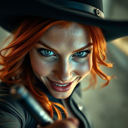 A close-up POV view of Black Widow's face in a cowgirl position, displaying a playful and alluring expression that conveys a sense of flirtation and energy