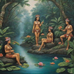 Create a tranquil scene depicting Mayan nymphs in a serene river amidst lush tropical vegetation. These mythical creatures interact with the vibrant nature around them, establishing an image embracing both historical and mythical elements.