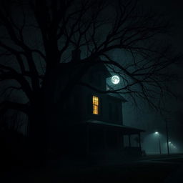 A spooky scene of a large, eerie house at night, illuminated by a faint moonlight casting long shadows