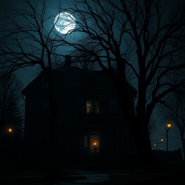 A spooky scene of a large, eerie house at night, illuminated by a faint moonlight casting long shadows