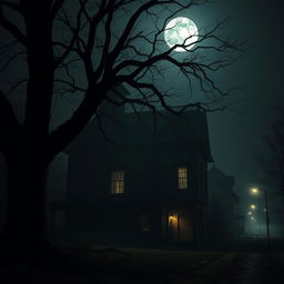 A spooky scene of a large, eerie house at night, illuminated by a faint moonlight casting long shadows