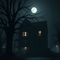 A spooky scene of a large, eerie house at night, illuminated by a faint moonlight casting long shadows