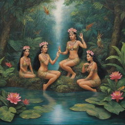 Create a tranquil scene depicting Mayan nymphs in a serene river amidst lush tropical vegetation. These mythical creatures interact with the vibrant nature around them, establishing an image embracing both historical and mythical elements.