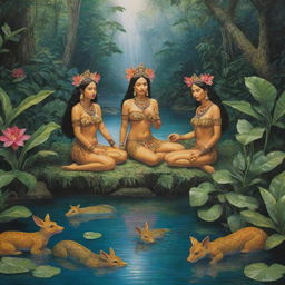 Create a tranquil scene depicting Mayan nymphs in a serene river amidst lush tropical vegetation. These mythical creatures interact with the vibrant nature around them, establishing an image embracing both historical and mythical elements.