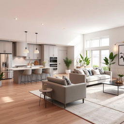 A stylish open-concept kitchen and living room combination, featuring modern furnishings and decor