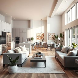 A stylish open-concept kitchen and living room combination, featuring modern furnishings and decor