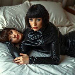 A full-body image of a beautiful 22-year-old sexy woman with a stylish bowl haircut and striking blue eyes, lying gracefully on a bed