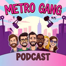 A vibrant and stylish poster for the 'Metro Gang Podcast', featuring six unique cartoon-style caricatures representing each member of the podcast