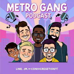 A vibrant and stylish poster for the 'Metro Gang Podcast', featuring six unique cartoon-style caricatures representing each member of the podcast