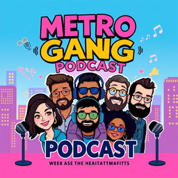 A vibrant and stylish poster for the 'Metro Gang Podcast', featuring six unique cartoon-style caricatures representing each member of the podcast