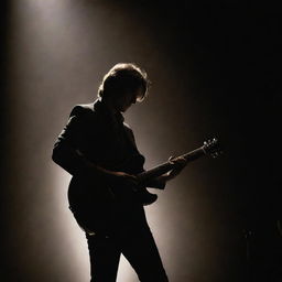 A passionate guitarist immersed in music, fingers dancing over the strings under a spotlight on a dimly lit stage.