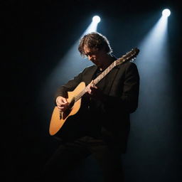 A passionate guitarist immersed in music, fingers dancing over the strings under a spotlight on a dimly lit stage.