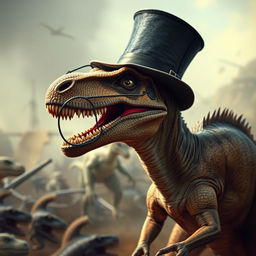 A Velociraptor wearing a top hat and a monocle, deep in thought during a battle