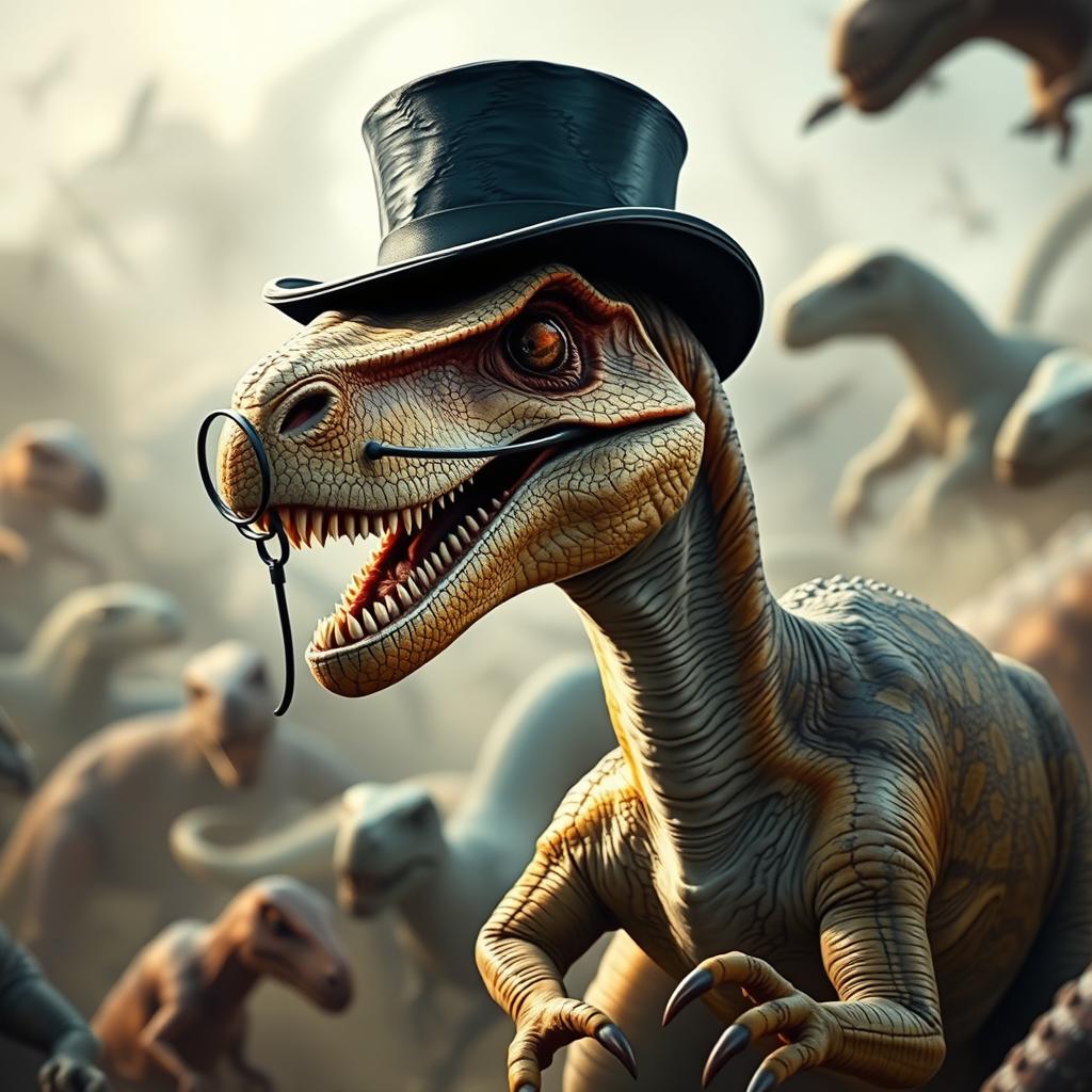 A Velociraptor wearing a top hat and a monocle, deep in thought during a battle