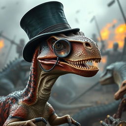 A Velociraptor wearing a top hat and a monocle, deep in thought during a battle