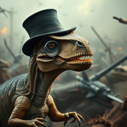 A Velociraptor wearing a top hat and a monocle, deep in thought during a battle