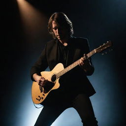 A passionate guitarist immersed in music, fingers dancing over the strings under a spotlight on a dimly lit stage.