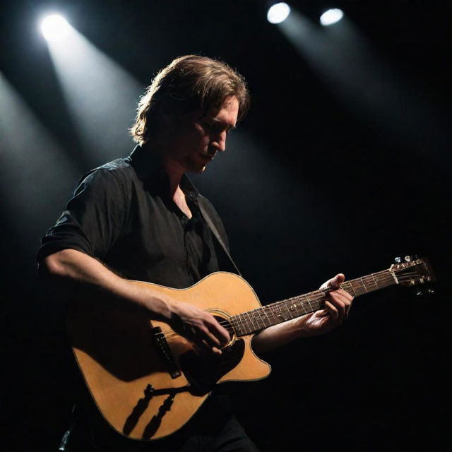 A passionate guitarist immersed in music, fingers dancing over the strings under a spotlight on a dimly lit stage.