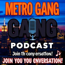 A catchy and stylish poster for the 'Metro Gang Podcast', featuring the title with the 'O' in 'Metro' creatively designed as a microphone