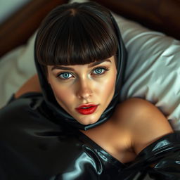 A stunning 22-year-old woman with a gorgeous, alluring appearance, featuring a chic bowl haircut and captivating blue eyes