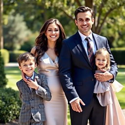 A handsome man in a sharp suit and a beautiful woman in an elegant dress, standing together with their two children, a male and a female, all smiling happily