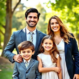 A handsome man in a sharp suit and a beautiful woman in an elegant dress, standing together with their two children, a male and a female, all smiling happily