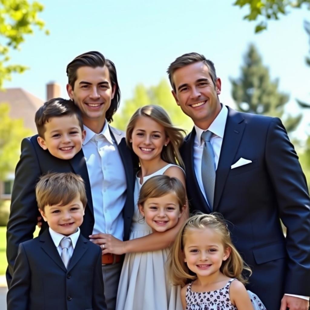 A handsome man in a sharp suit and a beautiful woman in an elegant dress, standing together with their two children, a male and a female, all smiling happily