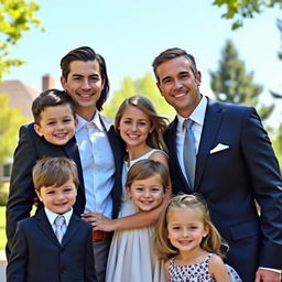 A handsome man in a sharp suit and a beautiful woman in an elegant dress, standing together with their two children, a male and a female, all smiling happily