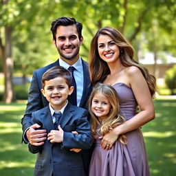 A handsome man in a sharp suit and a beautiful woman in an elegant dress, standing together with their two children, a male and a female, all smiling happily