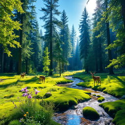 A serene landscape depicting a lush, vibrant forest with tall, towering trees stretching into a bright blue sky