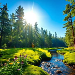 A serene landscape depicting a lush, vibrant forest with tall, towering trees stretching into a bright blue sky